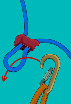 Rock climbing belay device and carabiner