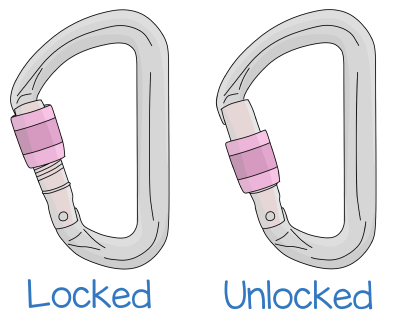 Screwgate climbing carabiners locked and unlocked