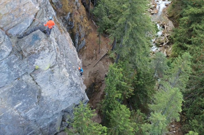 Belaying from the top of the crag