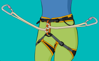 Climbing slings girth hitched to belay loop on climbing harness