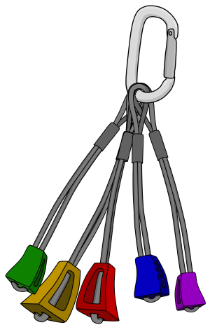 Climbing nuts grouped in size order attached to a sling rack