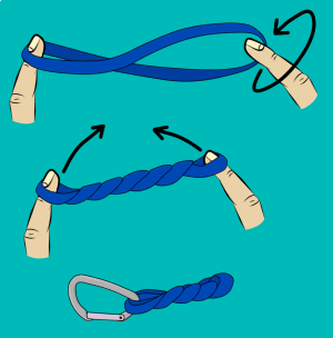 Twist climbing sling and rack onto harness