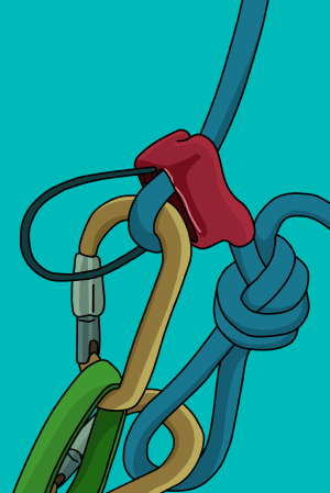 Overhand knot tied to tie-off a belay device