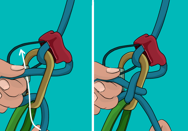 Climber ties a knot to lock off ATC belay device